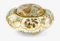 Superb Japanese Satsuma lidded koro [censer], signed Yabu Meizan, Meiji period (1868-1912), the body very finely enamelled and gilt with eight panels of birds, figures and sea landscapes, the lid with ‘the thousand flowers’ design