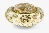 signed Yabu Meizan, Meiji period (1868-1912) by Superb Japanese Satsuma lidded koro [censer], the body very finely enamelled and gilt with eight panels of birds, figures and sea landscapes, the lid with ‘the thousa, sold Jul 2013