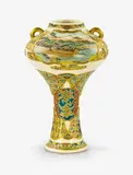 signed Gyokushu, Meiji period (1868-1912) by Japanese long stemmed Satsuma vase, finely painted with river landscape panels, offered Jul 2013