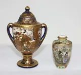 both signed Kinkozan, Meiji period (1868-1912) by Two miniature Japanese Satsuma vessels, comprising a lidded handled urn and a vase, sold Jul 2013