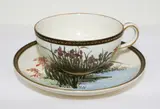 signed Genzan, 20th century by Japanese Satsuma cup and saucer, with iris decoration, sold Jul 2013
