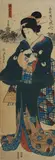 Japanese woodblock print, attributed to Kumisada, depicting a bijin holding a fan