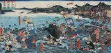 Japanese triptych woodblock print, attributed to Kunisada, depicting a sea battle scene