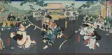 Japanese triptych woodblock print, attributed to Kunikiyo, depicting a samurai fighting with two onna-bugeisha [female warrior]
