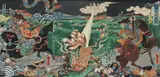 Japanese triptych woodblock print, attributed to Kunihisa, depicting a group of samurai killing a kirin [mythical beast]