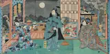 Japanese triptych woodblock print, attributed to Kunikiyo, depicting a gentleman with two bijin in a palace