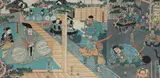 Japanese triptych woodblock print, attributed to Kunikiyo, depicting a group of samurai bringing a message to a lord
