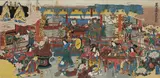 Japanese triptych woodblock print, attributed to Yoshinori, depicting a gathering at a temple