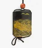 Fine Japanese four-case lacquer inro, Meiji period (1868-1912), lenticular with attached himotoshi, the black lacquer ground decorated in gold, silver, black and red hiramaki-e and takamaki-e