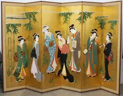 Large Japanese six-panel screen, Meiji period (1868-1912), painted in bold colours with bijin in a bamboo garden on a gilt ground