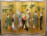 Large Japanese six-panel screen, Meiji period (1868-1912), painted in bold colours with bijin in a bamboo garden on a gilt ground