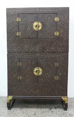 Two section Korean ground stone cabinet, with brass fittings, decorated with shagreen stylised floral design (each section can be used separately)