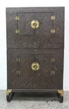 Two section Korean ground stone cabinet, with brass fittings, decorated with shagreen stylised floral design (each section can be used separately)