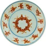 Guangxu underglaze blue six-character mark and of the period (1875-1908) by Chinese underglaze blue and iron red enamelled bat saucer, sold Jul 2013