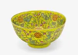 Guangxu underglaze blue six-character mark and of the period (1875-1908) by Chinese yellow ground famille rose bowl, painted with auspicious ‘long life’ decoration with bats, shou characters and peaches, sold Jul 2013