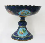 20th century by Large and impressive Chinese cloisonné tazza or compote, decorated with panels of Buddhist lions playing with a ribbon-tied brocade ball, and panels with stylised floral design,, sold Jul 2013