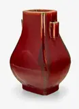 Tongzhi mark and of the period (1862-1874) by Chinese flambé glazed fanghu vase, the front and the back sides with moulded peach-shaped panels, offered Jul 2013