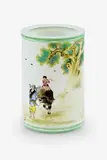 signed Wang Xiliang (1922 - ) by Very fine porcelain Chinese brushpot, the extremely thin walls delicately enamelled with a child playing the flute while riding an ox behind an elderly man sm, offered Jul 2013