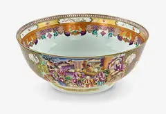 18th century by Large Chinese export mandarin pattern bowl, painted in underglaze blue and famille rose enamels, offered Jul 2013