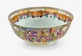 Large Chinese export mandarin pattern bowl, 18th century, painted in underglaze blue and famille rose enamels