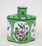 20th century by Chinese green ground Canton enamel tea caddy, offered Jul 2013