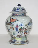 19th/20th century by Large Chinese Ming-style wucai jar and cover, painted with battle scenes, offered Jul 2013
