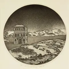 Barry Cleavin, Otago Peninsula and Building, engraving, 6/30
