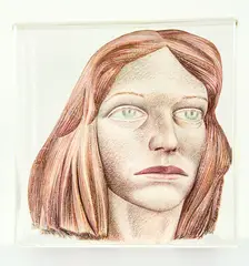 Terry Stringer, Female Portrait, pastel on papier mache in perspex box