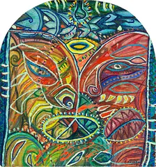 Emily Karaka, Shield, oil on hessian on board