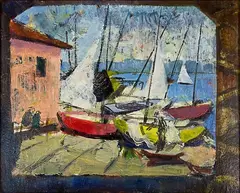John Tole, Yachts on Hard – Okahu Bay, oil on board