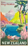 Nz Railways Publicity Branch, Famous Lakes, Mountains, Fiords, Otago & Southland, lithograph archivally mounted to linen, c.1935