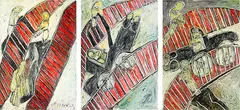 Christina Conrad, Meeting Simon on the Bridge, oil on board, triptych