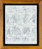 Roger Hickin, Nine Attempts at a Cross for a Spanish Poet (small version), acrylic, pencil, graphite and lath wood on board in kauri frame