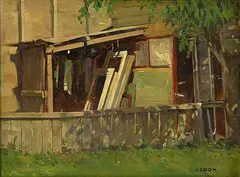 James Cook, Backyard Shop, oil on canvasboard