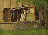 James Cook, Backyard Shop, oil on canvasboard