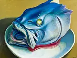 Michael Smither, Hapuka Head on Plate, oil on board