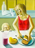 Michael Smither, Harry and Sarah at Breakfast with Jam Pot, oil on board