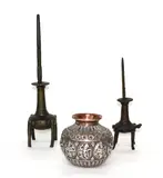 Indian antique bronze inkwell, Circa 1850, Also another Indian inkwell and pestle and an Indian silver on copper vase decorated with deity figures.