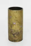 Japanese bronze brushpot, Meiji period (1868 – 1912), with inlaid silver decoration of cranes flying towards the moon over the sea