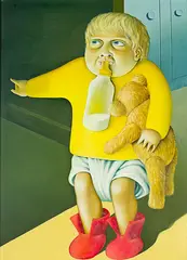 Michael Smither, Joseph with Bear and Bottle, oil on board