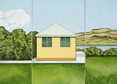 Robin White, White's Place, Raglan 1960 - 1970, acrylic on canvas, three parts mounted together in artist's original frame