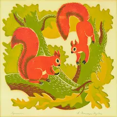 Squirrels by Ernest Mervyn Taylor, woodblock print, offered Aug 2012