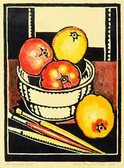 Adele Younghusband, Bowl with Fruit, colour linocut