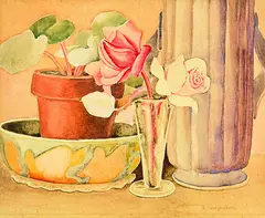 Still Life with Vase of Flowers and Pot Plant by Adele Younghusband, watercolour, sold Aug 2012