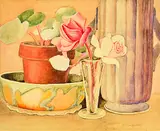 Adele Younghusband, Still Life with Vase of Flowers and Pot Plant, watercolour