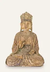 A large and impressive polychrome wood figure of Guanyin, Chinese 17th/18th century, This mudra signifies the setting in motion of the Buddhist wheel of teachings. Traces of original paint remain.