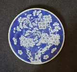A Chinese porcelain plate, 19th century, painted in blue and white with a prunus blossom design