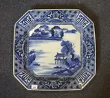 19th century by A Japanese blue and white square plate, painted to the centre with a river landscape, the rim with stylized peony and chrysanthemum motif, character mark to the, sold Feb 2012