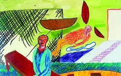 Conversation by Jeffrey Harris, watercolour and oilpastel on paper, sold Feb 2012