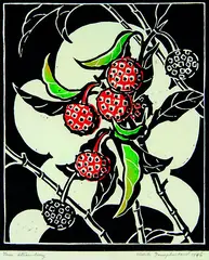 The Tree Strawberry by Eileen Mayo, woodblock print, offered Feb 2012
